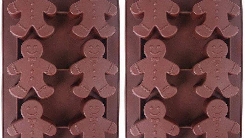 Gingerbread-shaped silicone baking molds, brown color.