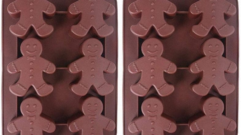 Gingerbread-shaped silicone baking molds, brown color.